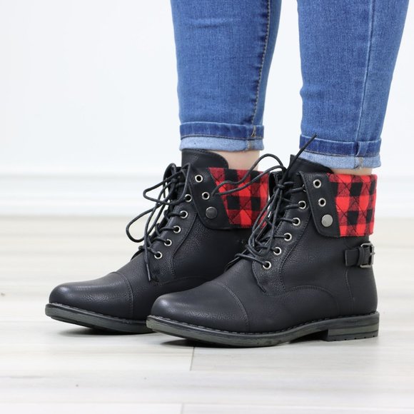 Buffalo Red Black Plaid Combat Ankles Boots Black Faux Leather - Picture 12 of 12